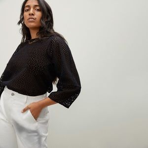 Everlane The Eyelet Lantern Top Black 3/4 sleeve Small